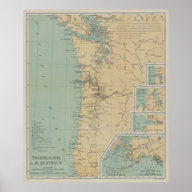 Vintag Washington & Oregon Lighthouse Map (1898) Poster (Vorne)
