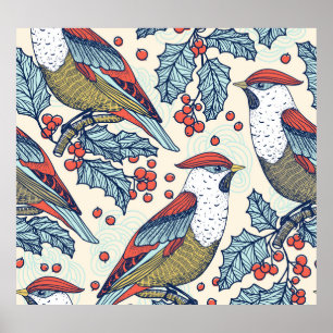 Vintag Waxwings Weihnachtsmuster Poster