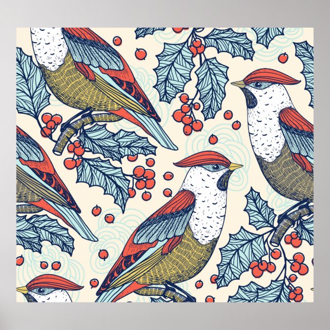 Vintag Waxwings Weihnachtsmuster Poster (Vorne)