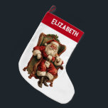 Vintag Weihnachten Großer Weihnachtsstrumpf<br><div class="desc">Weihnachts-Strumpf personalisiert mit einem Namen. Entworfen mit einem Vintagen Stil mit klassischem Weihnachtsmann,  der in einem alten Armstuhl sitzt. Schönes traditionelles Weihnachtsdesign.</div>