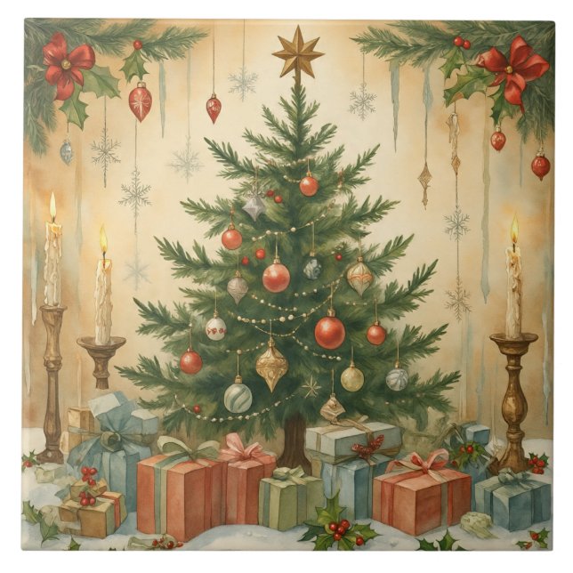 Vintag, Weihnachtsbaum und Geschenkschmuck, Fliese (Vorderseite)