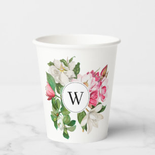 Vintag-Weiß-und rosa-Magnolien-Blume Monogramm Pappbecher