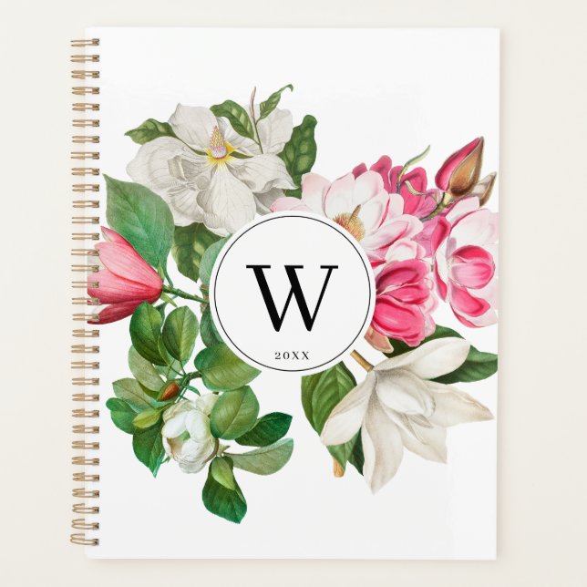 Vintag-Weiß-und rosa-Magnolien-Blume Monogramm Planer (Vorderseite)
