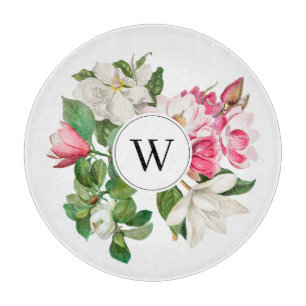 Vintag-Weiß-und rosa-Magnolien-Blume Monogramm Schneidebrett