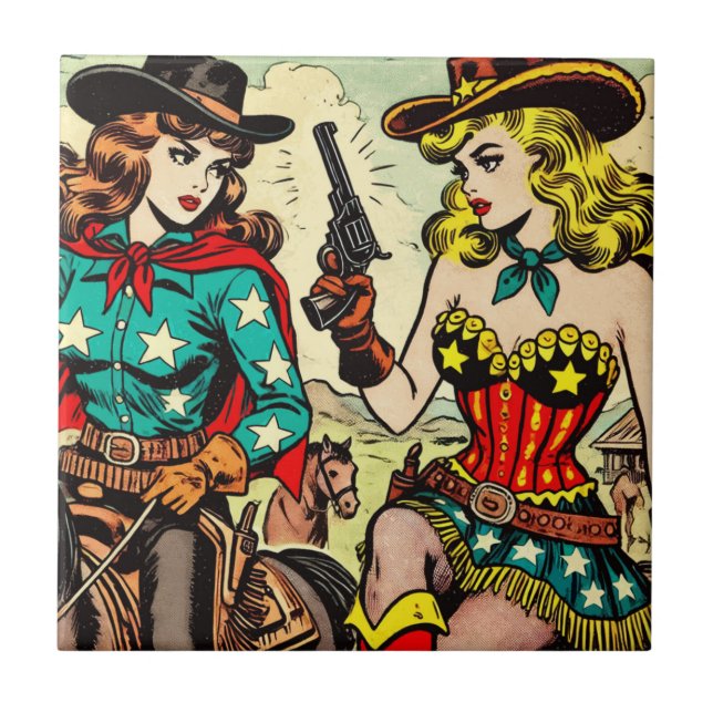 Vintag Western Cowgirl Comicen Fliese (Vorderseite)