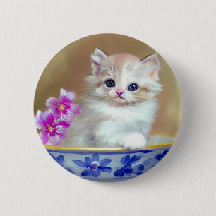 Vintag White Kitten Illustration Button