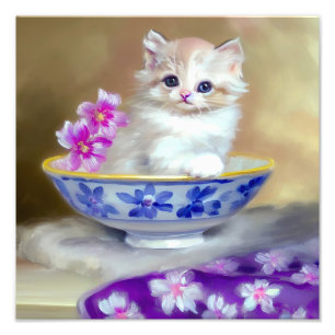 Vintag White Kitten Illustration Fotodruck