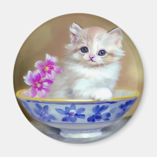Vintag White Kitten Illustration Magnet