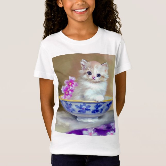 Vintag White Kitten Illustration T-Shirt (Vorderseite)
