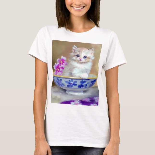 Vintag White Kitten Illustration T-Shirt (Vorderseite)