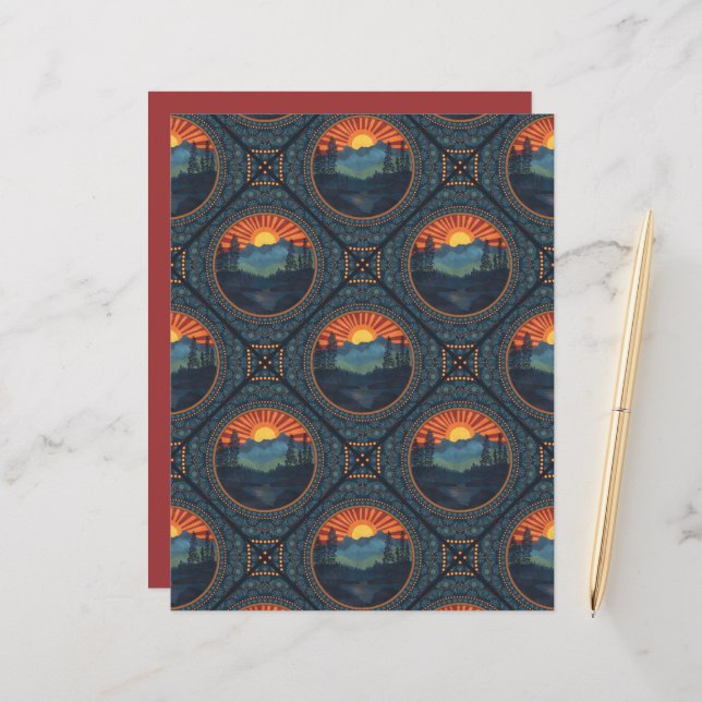 Vintag Wilderness Sunset Mandala Geometric Tile (Vorderseite/Rückseite Beispiel)