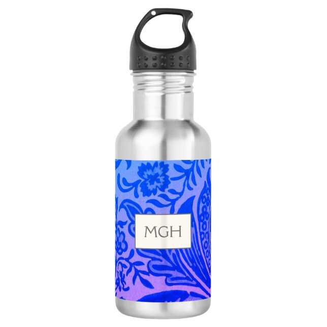 Vintag William Morris Blue Botanic Monogram Edelstahlflasche (Vorderseite)