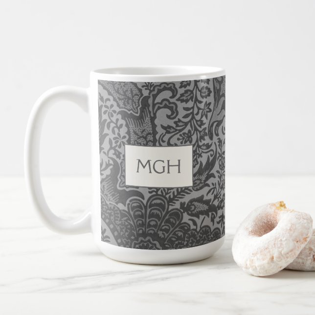 Vintag William Morris Gray Botanical Monogram Kaffeetasse (Mit Donut)