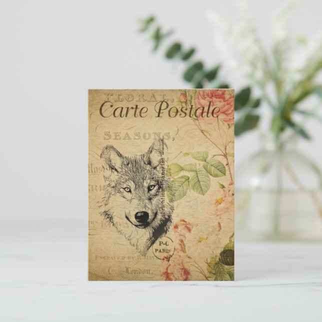 Vintag Wolf Tan Postcard | Rustikaler Wolf Postkarte (Stehend Vorderseite)