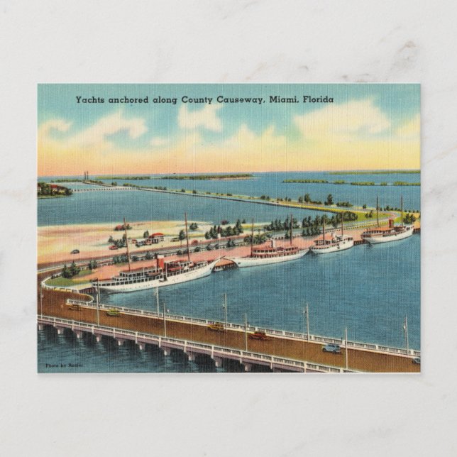 Vintag, Yachten Country Causeway, Miami, Florida Postkarte (Vorderseite)