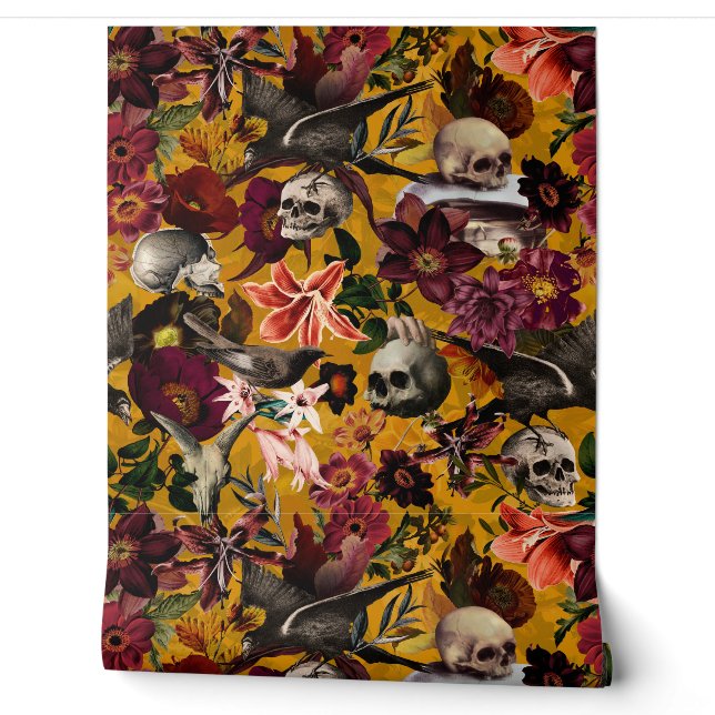 Vintag Yellow Mystic Skull Blume Bird Garden Tapete (Abrollen)