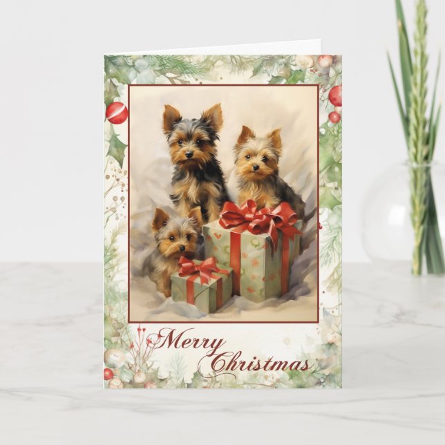 Vintag Yorkie Christmas Feiertagskarte (Vorderseite)