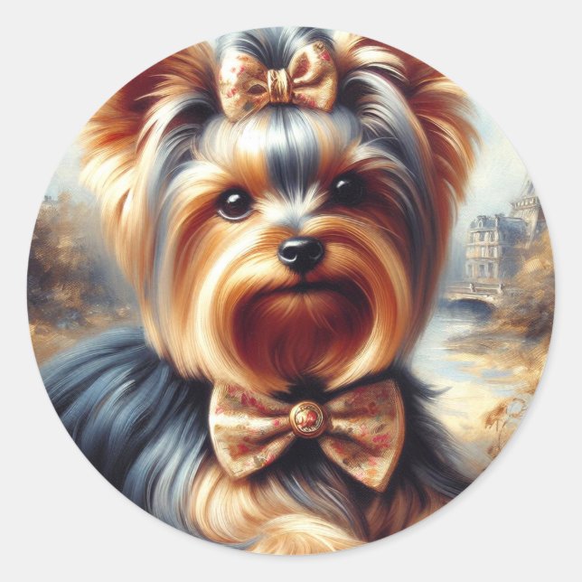 Vintag Yorkshire Terrier Painting Runder Aufkleber (Vorderseite)