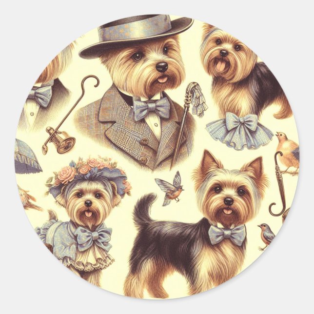 Vintag Yorkshire Terrier Seamless Runder Aufkleber (Vorderseite)