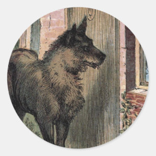 Vintag Zeichnend: Der Wolf vor der Tür von Oma Runder Aufkleber