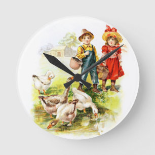 Vintag Zeichnend: Fütternd Gänse Runde Wanduhr