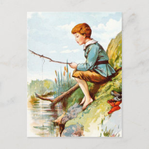Vintag Zeichnend: Junge Fischerei in einem Fluss Postkarte