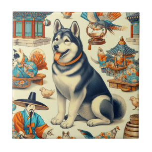 Vintagae Korean Jindo Dog Illustration Fliese