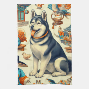 Vintagae Korean Jindo Dog Illustration Geschirrtuch