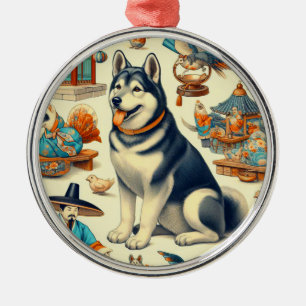 Vintagae Korean Jindo Dog Illustration Ornament Aus Metall