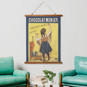 Vintage 1892 Chocolat Menier Französisches Mädchen Wandteppich Mit Holzrahmen