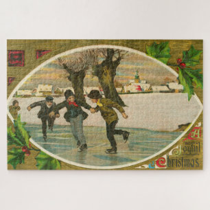 Vintage 1909 Jungen Eislaufen Gold Weihnachten