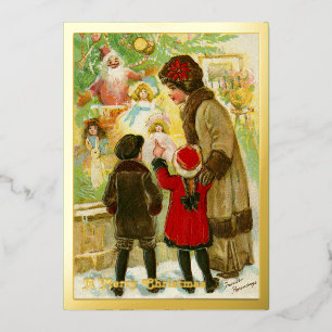 Vintage 1912 Mutter & Kind Frohe Weihnachten Gold Folien Feiertagskarte