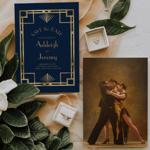Vintage 1920er Jahre Deco Navy Blau Gold Foto Hoch Save The Date