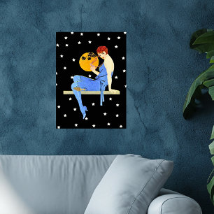 Vintage 1920er Jahre Flapper Lady Mond Sterne Rote Poster