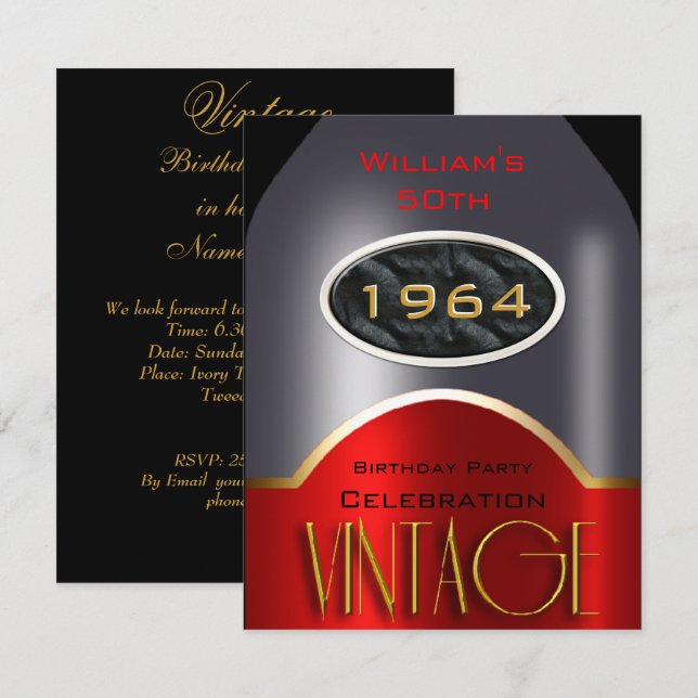 Vintage 50. Rote Flasche Geburtstagsparty Einladung (Vorne/Hinten)
