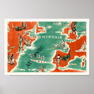 Vintage 8x12 illustrierte Swissair-Karte gedruckt Poster