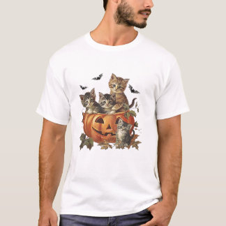 Vintage 90er Katzen Halloween-Kürbis T-Shirt