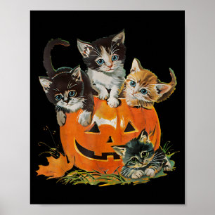 Vintage 90er Katzen-Kürbis Halloween Retro Floral Poster
