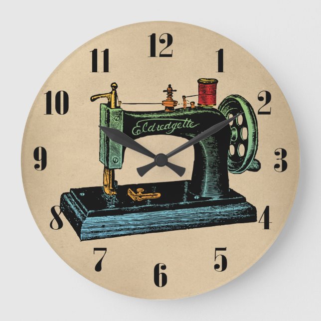 Vintage Abbildung der Nähmaschine Große Wanduhr (Vorderseite)