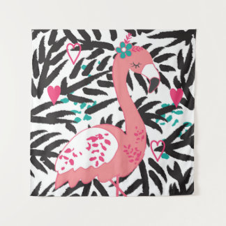 Vintage Abbildung eines Flamingos mit exotischen V Wandteppich
