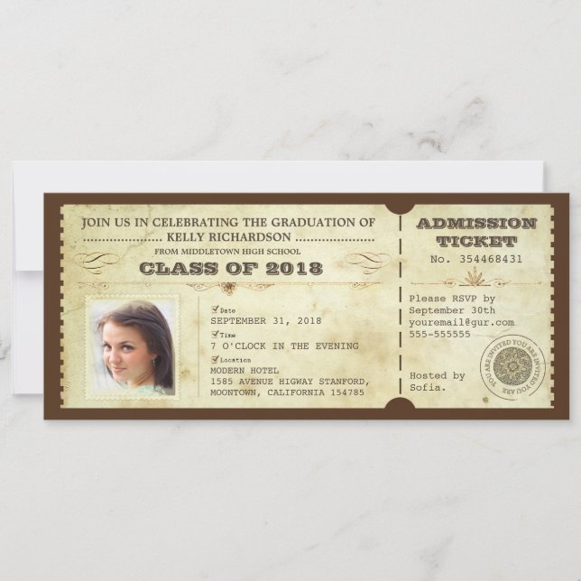 Vintage Abschluss-Tickets mit Foto Einladung (Vorderseite)