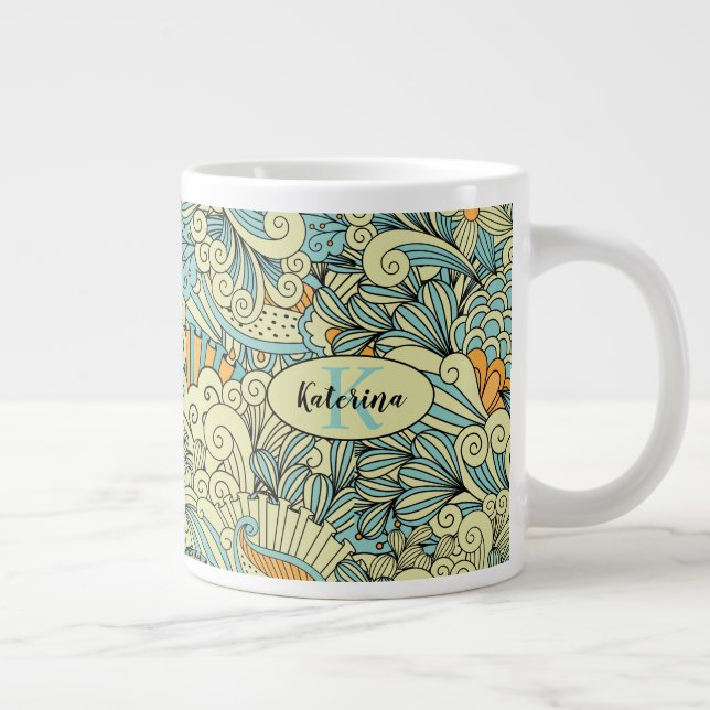 Vintage Abstrakte Flora Mit Monogramm Jumbo-Tasse (Rechts)