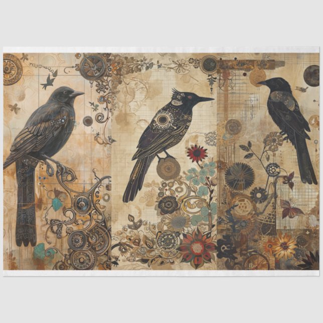 Vintage Abstrakte Grunge Birds Decoupage Seidenpapier (Vorderseite)