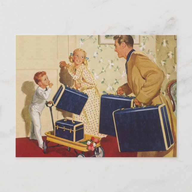 Vintage Adressenänderung, Familie mit Koffer Ankündigungspostkarte (Vorderseite)