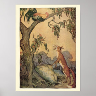 Vintage Aesop's Fables, Fox, Rooster und der Hund Poster