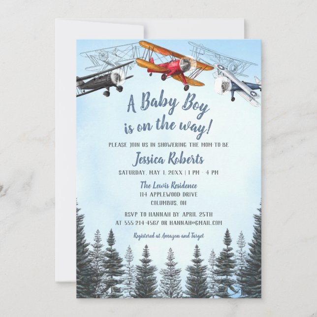 Vintage Airplane Baby Boy Babydusche Einladung (Vorderseite)