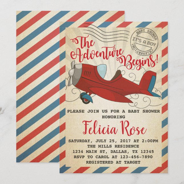 Vintage Airplane-Baby-Dusche Einladung (Vorne/Hinten)