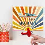 Vintage Airplane Cessna Retro Sunset Custom Poster<br><div class="desc">Vintage style Airplane of a Cessna 172 with bright soft colors (light sky blue, warm orange and soft cream) on a Retro Sunset background. Personalize it with a name (change font color, if desired). Makes a great birthday present for a little aviator or aviation enthusiast. NOTE: Resizing the poster might...</div>