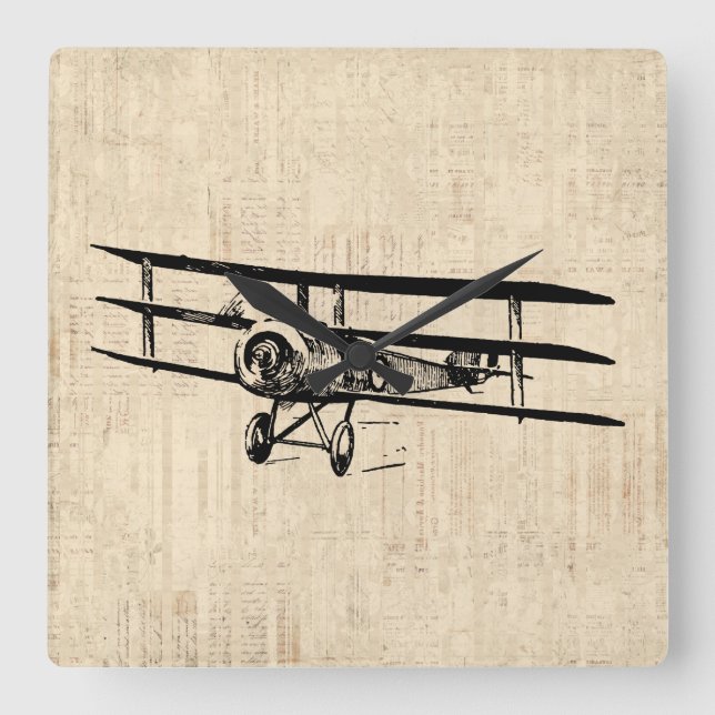 Vintage Airplane Old Antique Plane Illustration Quadratische Wanduhr (Vorderseite)