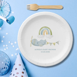 Vintage Airplane Rainbow Clouds Boy Baby Shower  Pappteller